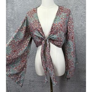 Gold Boho Silk Blend Geometric Bell Sleeve Fairy Crop Tie Top Festival One Size